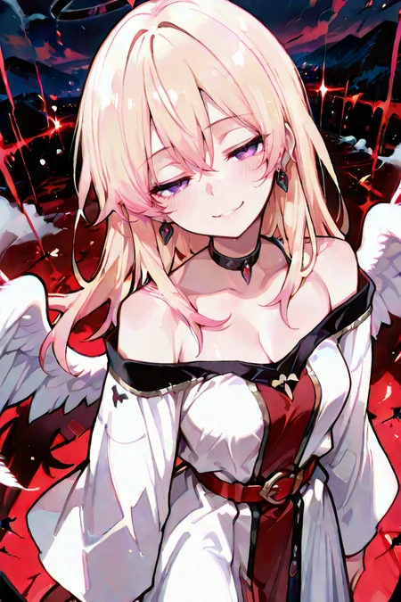 PonyScores, Expressiveh, (score_9, score_8_up, score_8, ASCII score_9), Rating 9, Rating 8, Rating 7, (masterpiece, best quality:1.2), 1girl, solo, (beautiful anime girl:1.3), (wakatsuki niko style), front view, eye-level, long blonde hair, pink highlights, purple eyes, red dress, long sleeves, black choker, (seductive smile), (natural breasts), blush, (dynamic pose), red belt, (arms at sides), (arms relaxed), (hands by sides), seductive smile, blonde hair, pink hair, multicolored hair, gradient hair, looking at viewer, long hair, <lora:WakatsukiNikoillusApexAi:0.7>, <lora:noobai_ep11_stabilizer_v0.205_fp16 Illustrious:1>, distinct, super_detail, finely_detailed, mishoujo, very aesthetic, absurdres, highly detailed, beautiful eyes, detailed eyes, Illustration, cowboy shot, angelic, (corrupted, corruption), (head tilt), angel, corrupted angelic markings, eye glare, eye lens flare, clouds, smug, white robe, angelic robe, beam, light beams, glare, bloom, feathered wings, wings, lowered robe, crazy, cleavage, breasts off shoulder, bare shoulders, shadows, night, cinematic, complex, intricate details, gritty style, wind, intricate, (Open eyes:1.3), (eyes wide open,), small details, from above, graphic equalizer, light particles, particles, from above, tilt, gradient, vibrant, cinematic angle, volumetrics, color contrast, dark theme, red sky, red rimlight, blood rain, red lighting, red light, red tint, red glow, red neon, red tinted lighting, red lighting, black halo, <lora:Ratatatat74_Style:0.6>, <lora:ponyv6_noobV1_2_adamW:1>, <lora:748cm Style for IllustriousL:0.5>,