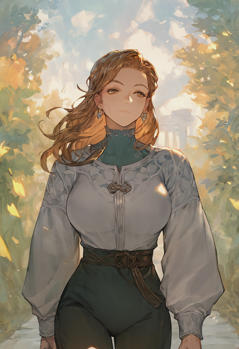 source_anime, score_9, score_8_up, score_7_up, 1girl, mature_female, large_breasts, portrait, solo, Walking with one hand swinging a lasso, from_behind, (Amber silver trim), Golden Brown hair, very_wide_shot, rating_safe, <lora:pony\artist_styles\morry_evans_pony:1.0>
