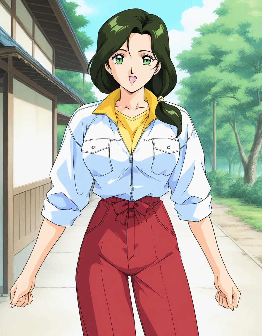 general,highres, ultra-detailed,very aesthetic,best quality ,best hands,  BREAK <lora:Sakurai_Sensei_IS:1>Sakurai_Sensei, dark green hair, long hair, green eyes, large breasts, low ponytail, lips,1990s (style), anime coloring, BREAK,
smile,looking at viewer, cowboy_Shot, open mouth, closed jacket, button,
down arms,
Yellow shirt, white jacket, red pants, long pants,
outdoor, day,, general,highres, ultra-detailed,very aesthetic,best quality ,best hands,  BREAK