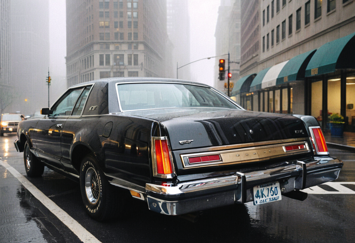 ClassicMuscleCar, gleaming black Ford LTD, rear view, wet Manhattan avenue, skyscrapers, foggy raining late afternoon, reflections, 4K, highly detailed, (stylish grainy analog 35mm film photo)