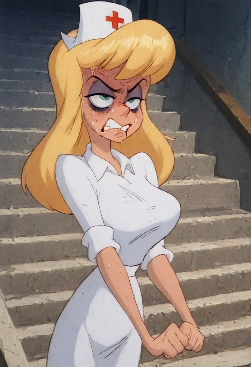 (((Hello Nurse is extremely dirty and in torn clothes in total fury and ready to fight))). (((She is in total hate and disgust))).(((She has large bruises under her eyes))).(((Her life is totally broken)))). ((((Nobody respecting her))). ((((She was ashamed and ridiculed for weeks)))).(((((She was offended and humiliated for weeks)))), (((((Her nervous system is ruined))))). (((She is distressed and heartbroken))). (((Her dress is dirty))). (((((Her face is beaten after lots of fights and fallings from stairs))))). (((((She is angry and exhausted))))). Everything is she wants is revenge. Everyone hates her. She is poor and sick. (((amazing quality))), absurdres,,((((1girl)))),(((alone)))), (((hellonurse))),,(((angry))), (((exhausted:1.5)))),((((((masterpiece))))),,((((extremely beautiful image)))),(((beautiful light))),((((best detailing)))),(((disgusting))),(((offended))),((((extremely heartbroken)))), blonde hair, teal eyes, (((1girl))), alone, big breasts,((((slim body)))))nurse outfit, Heloise Nerz, hellonurse, dirty, detailed body, detailed face, highly detailed body, highly detailed face, dynamic pose, posing, ((((((angsty))))), (((((furious)))))), (((((submissive)))))), 1girl, , (((((bags under eyes))))), crazy emotion, narrow waist.