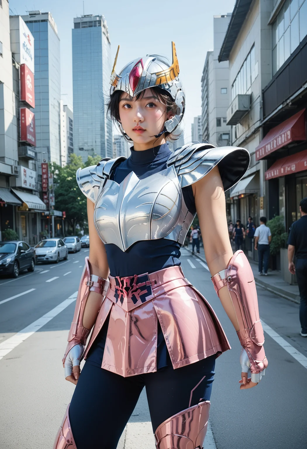 score_9,score_8_up,score_7_up,8k,1girl,heavy make-up,outdoors,city,street,tokyo,shinjuku,large breasts,slim waist,wide hips,dynamic pose,
upper body,<lora:saintseiya5-pony-v70-000006:0.8>,1gikki,short hair,armor,helmet,black hair,high heels,boots,breastplate,blue corset,pink armor skirt,blue leggings,fingerless gloves,gloves,shoulder armor,pauldrons,gauntlets,