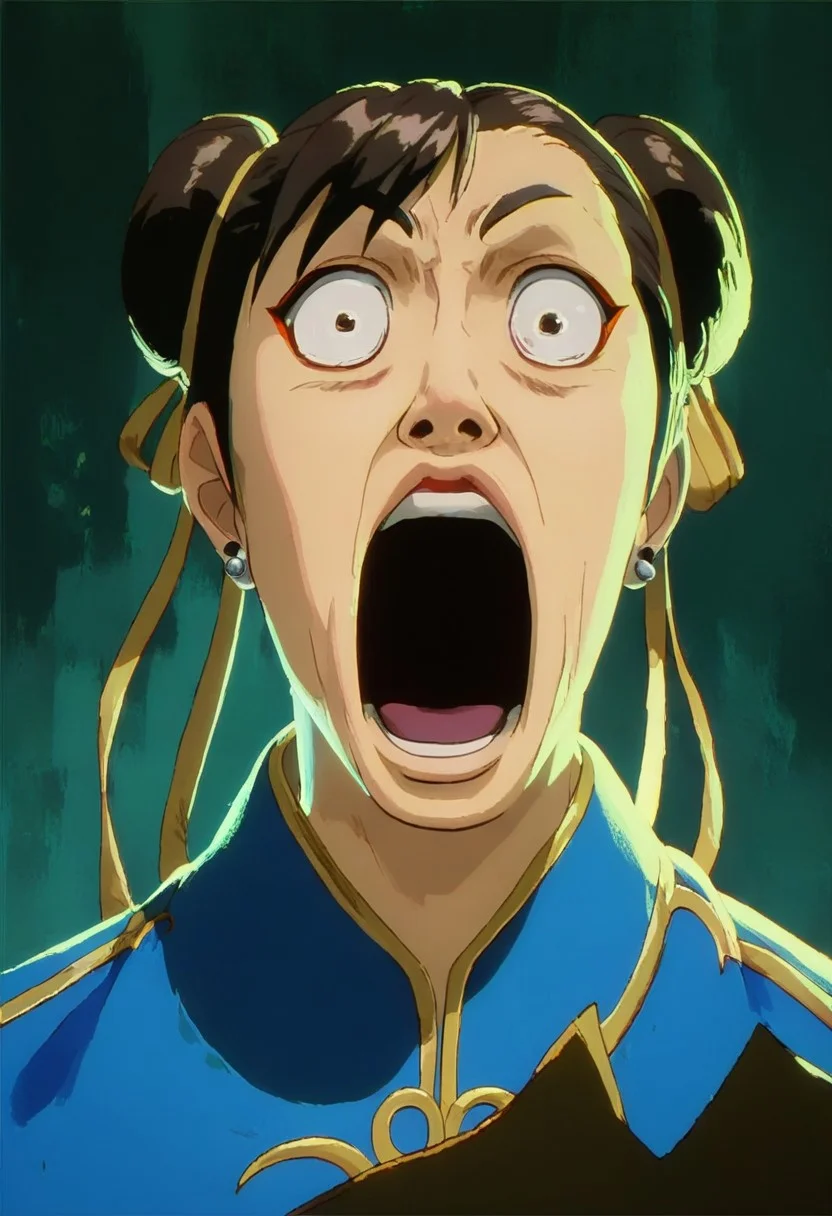 score_9, score_8_up, score_7_up, (masterpiece:1.2), (best quality:1.3), <lora:Kaogei:1> kaogei, shocked, 1girl, solo, upper body, chun-li, dark, dim, cinematic lighting, high contrast, rim lighting