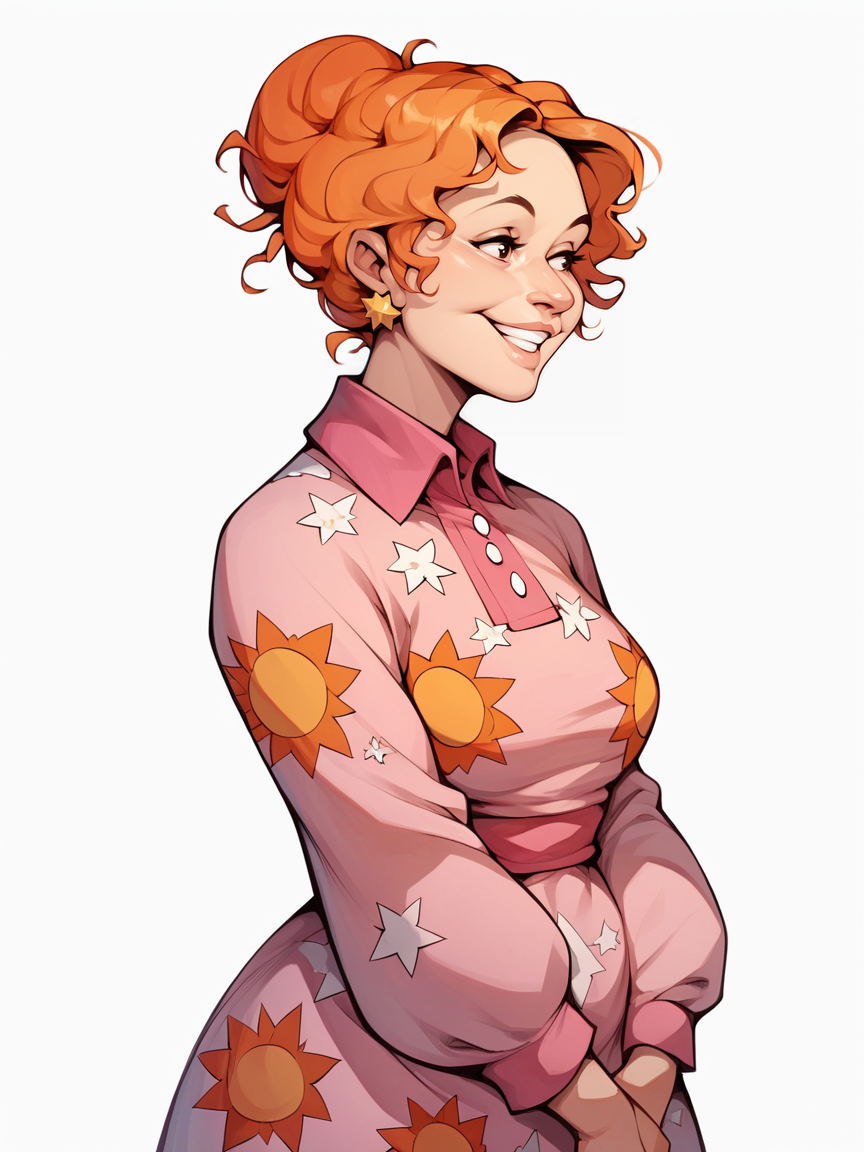 score_9, score_8_up, score_7_up, score_6_up, score_5_up,    <lora:msfrizzleXLP:0.8> ms frizzle, orange hair, 1girl, solo, smile, single hair bun, pink print dress, curvy, white background,