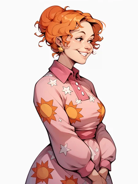 score_9, score_8_up, score_7_up, score_6_up, score_5_up, <lora:msfrizzleXLP:0.8> ms frizzle, orange hair, 1girl, solo, smile, single hair bun, pink print dress, curvy, white background,