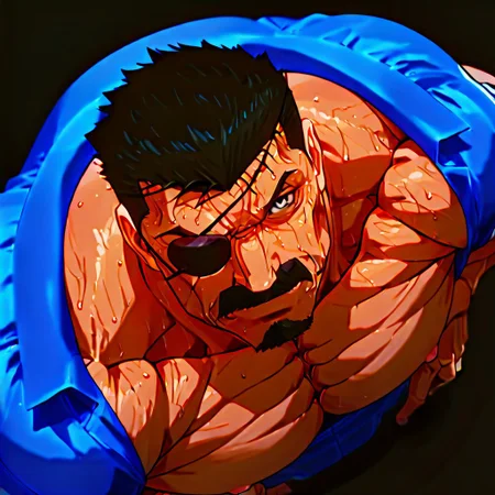 RESET, score_9,score_8_up,score_7_up, Highest Quality, 4k, masterpiece, Amazing Details, best quality, detailed image, (good illumination), source_furry, rating_explicit, proportionate body, BREAK, solo, daddy, high testosterone, bara, (hyper muscles:1.3), handsome, sexy, confident, badass, (sexy grin:1.0), (hyper pectorals:1.3), (hyper biceps:1.3), (looking at viewer:3.0), (black background:3.5), close up, (upper body focus:3.5), (six pack abs:1.3), (veiny muscle:1.3), (sweaty:1.3), 
(detailed eyes:2.0), (detailed face:2.0), (perfect face:2.0), (perfect eyes:2.0), 
(from above:4.5), (Dutch angle shot:3.0),
(standing:3.1), 
(hands on hips:2.0),  
mustache, (eyepatch:2.0), black hair,
military uniform, blue jacket, blue butt cape,