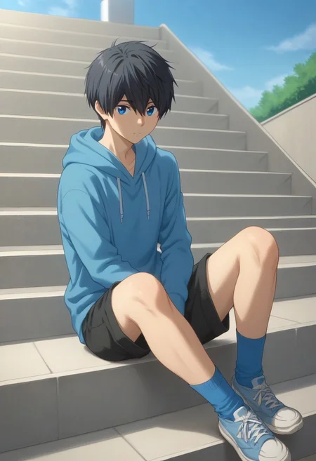 score_9, score_8_up, score_7_up, source_anime, highly detailed,
haruka, 1boy, male focus, solo, black hair, short hair, hair between eyes, blue eyes, hoodie, hood, blue hoodie, shorts, black shorts, socks, shoes, sneakers, slender, skinny,
outdoor, sky, building, stairs, sit, dawn, shadows,