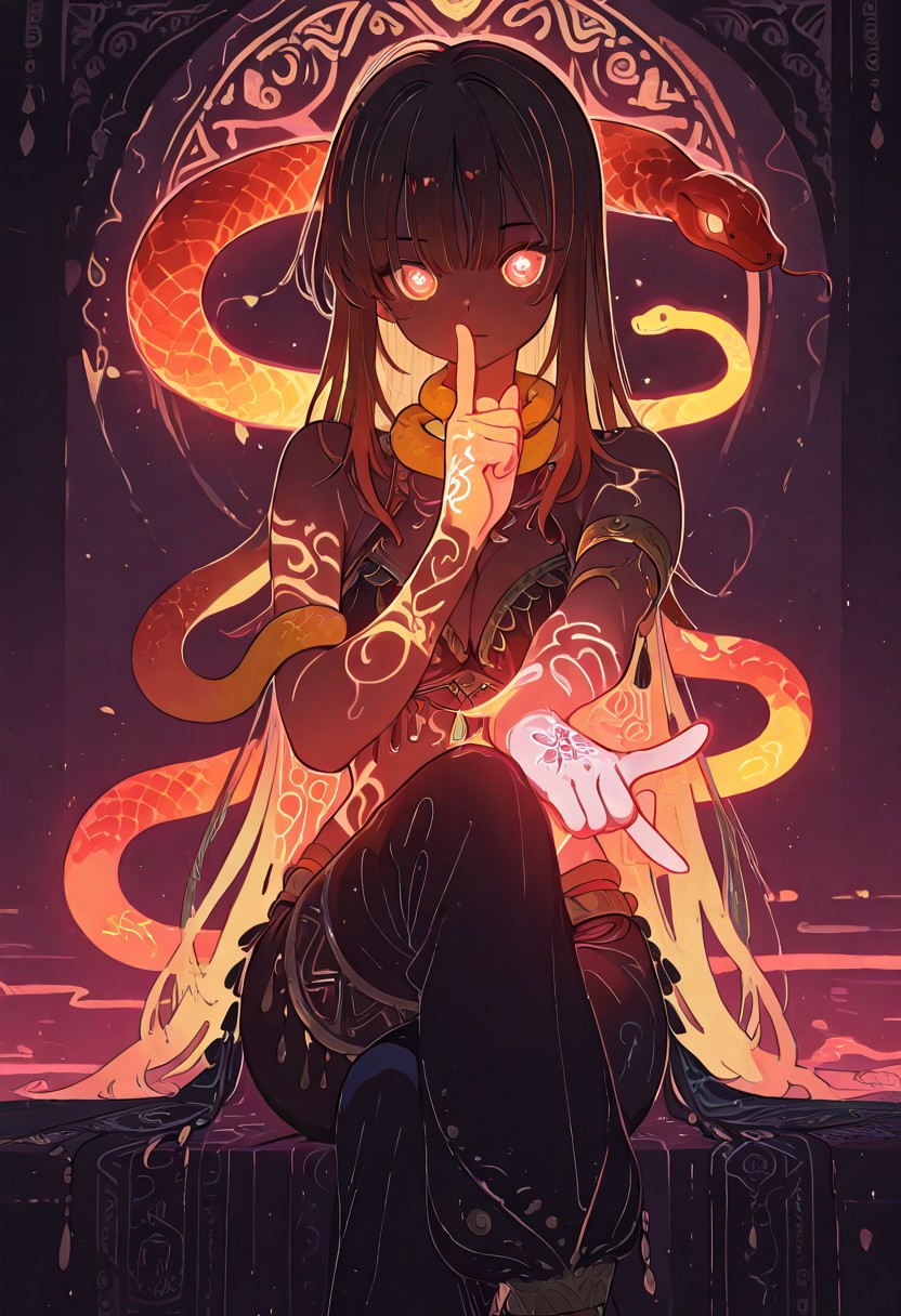 1 girl , voluptuous , crossed leg , snake around neck , snake around arm , glowing snake , glowing hands , hand tattoo , glowing tattoo , harem dancer silk , pointing finger at viewer , long hair ,
masterpiece ,best quality ,amazing quality, Flatline, Flat vector illustration, l1nz40yu