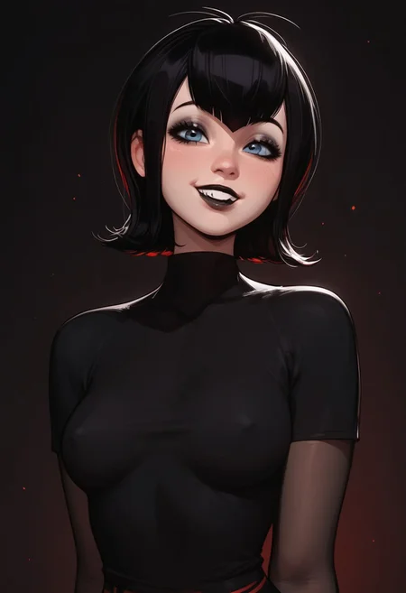 masterpiece,best quality, highly detailed, score_9, score_8_up, score_7_up, score_6_up, score_5_up, score_4_up, Expressiveh, 
Mavis from hotel transylvania, girl, goth, dark eyes, curvy body, medium breasts, nipple bulge, smile, head tilted down