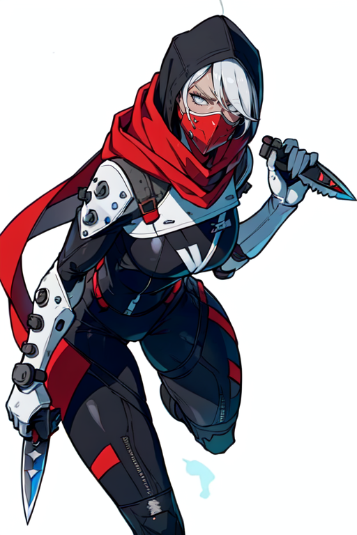 masterpiece,best quality,extreme detail,8k,white background,<lora:wraith:0.7>,wraith,1girl,solo,breasts,bangs,gloves,holding,medium breasts,weapon,white hair,grey hair,black gloves,hood,scarf,official alternate costume,grey eyes,bodysuit,mask,glowing,knife,clenched hand,hood up,running,red scarf,one eye covered,mouth mask,black bodysuit,electricity,holding knife,white eyes,kunai,