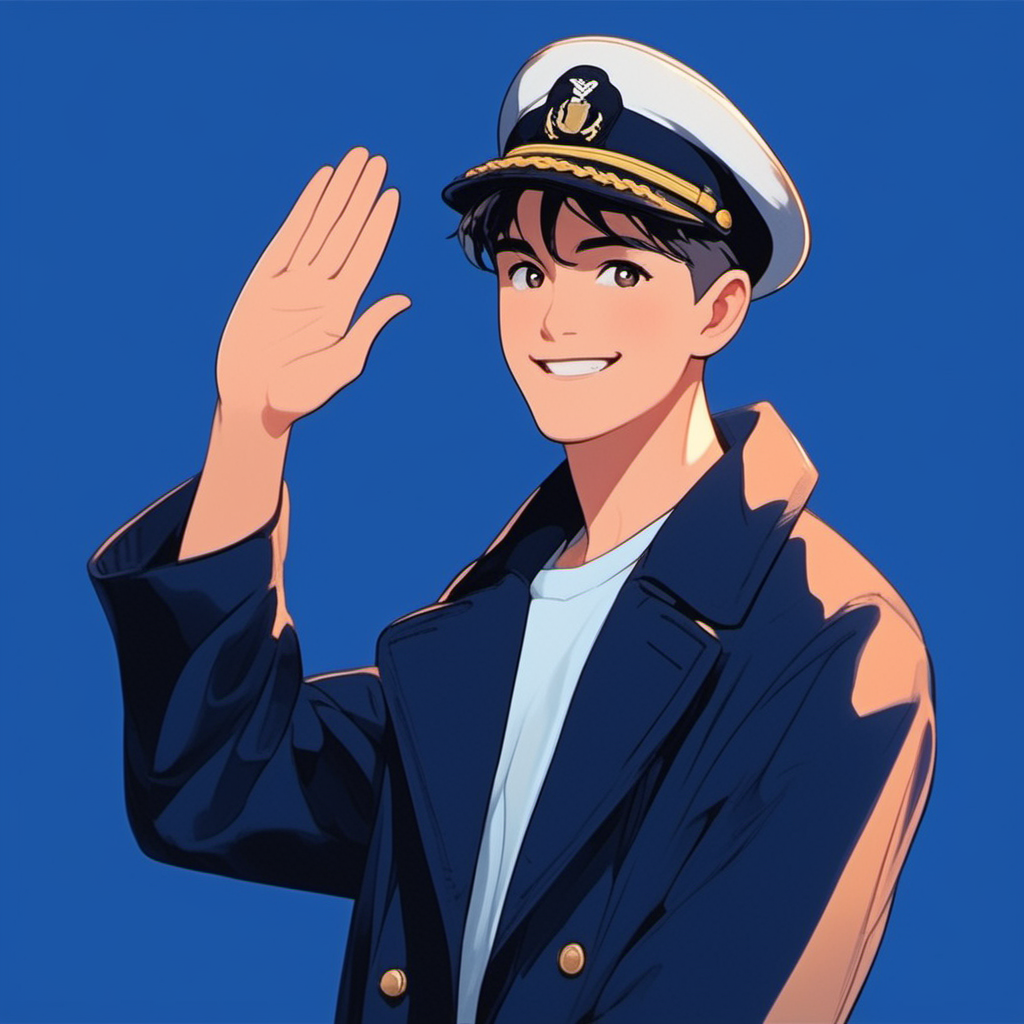chillflat,sexy,1boy,(front view),(waving hand pose:1.9),US navy coat and hat,very short hair,gradient blue background,gaze,grinning,look at viewer,