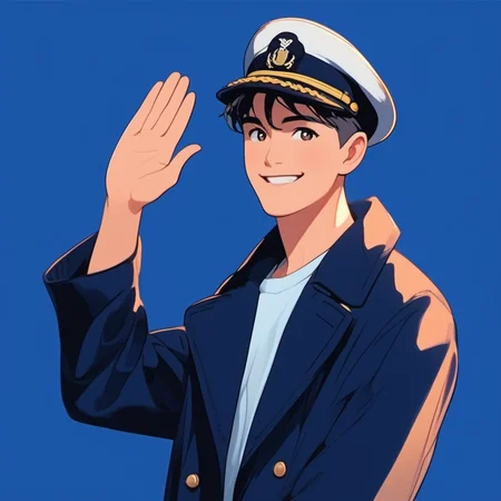 chillflat,sexy,1boy,(front view),(waving hand pose:1.9),US navy coat and hat,very short hair,gradient blue background,gaze,grinning,look at viewer,