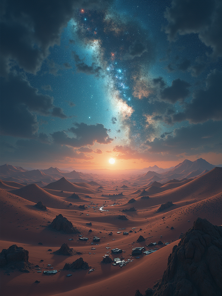 An endless desert with strange lights flashing in the sky and broken code and flickering data fragments on the ground, as if the whole world is on the verge of collapse.