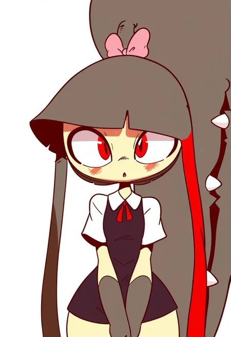 masterpiece, best quality, solo,
nintendo, pokemon, pokemon species, gen 3 pokemon, mawile, gaghiel (diives), 1girl, anthropomorphization, bangs, black gloves, blunt bangs, bow, brown hair, clothing, collared shirt, female, female only, gloves, hair bow, hair ornament, long hair, looking at viewer, neck ribbon, neckwear, pink bow, ponytail, red eyes, red neckwear, red ribbon, ribbon, shirt, short hair, solo, tied hair, cowboy shot, :o, open mouth, blush