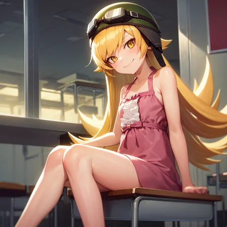 1girl, solo, oshino shinobu, tv_pink, blonde hair, long hair, yellow eyes, pink dress, helmet, goggles on head, sitting, classroom, night, looking at viewer, smirk <lora:char-shinobu-multi:1>