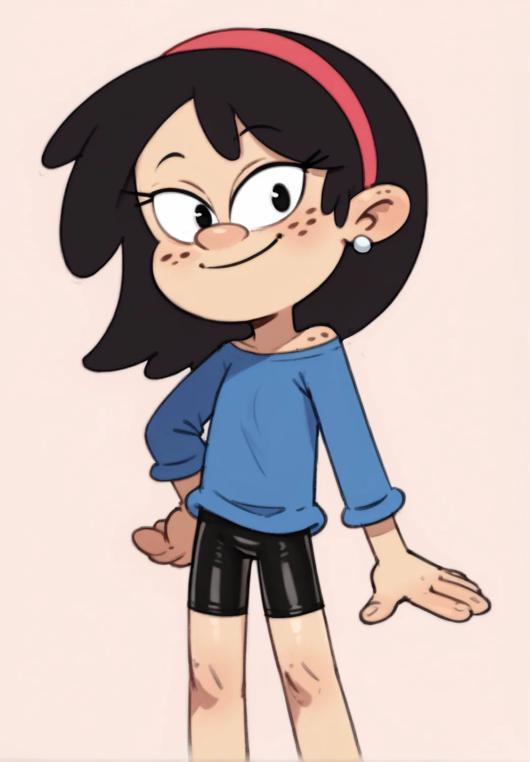 ((score_9)), score_8_up, ((high quality)), ((masterpiece)) BREAK
SidC, 1girl, good hands, five fingered hands, long sleeve shirt, freckles, earring, bike shorts, black hair<lora:Sid_Chang:0.8>