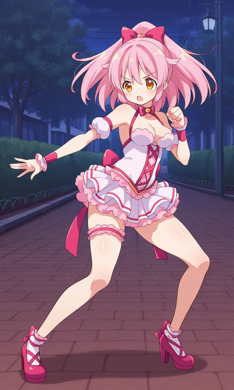 1girl, solo, mgyunishirakawa, magical girl, pink hair, high ponytail, hair flaps, hair bow, yellow eyes, choker, bowtie, brooch, frilled dress, medium breasts, cleavage, detached sleeves, bare shoulders, puffy short sleeves, bracer, frilled wrist cuffs, back ribbon, bridal garter, high heels, outdoors, street, night, fighting stance, open mouth, :o, serious, full body,