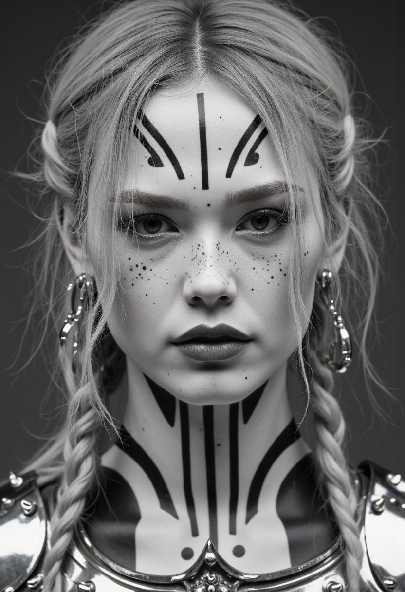This is a high-resolution, black and white photograph of a european female Knight with an otherworldly, futuristic aesthetic. She has a light skin tone with a scattering of freckles across her face and a striking, tribal-inspired body paint or tattoo. The paint covers her face and neck, forming intricate geometric patterns and abstract designs, she IS wearing a silver polished spikey pauldron. Her hair is blonde and braided in a messy, loose style, with a few strands falling around her face. She wears large, circular ear gauges in her ears, which add to the edgy, avant-garde look. The background is a plain, gradient grey, ensuring all focus remains on her face and body art. The texture of the tattoos appears smooth and glossy, blending seamlessly with her skin. Her expression is neutral, with slightly downturned lips and a serene, almost detached demeanor, contributing to the overall eerie, alien-like atmosphere. The photograph is shot with high contrast and sharp focus, emphasizing the stark, geometric patterns.
