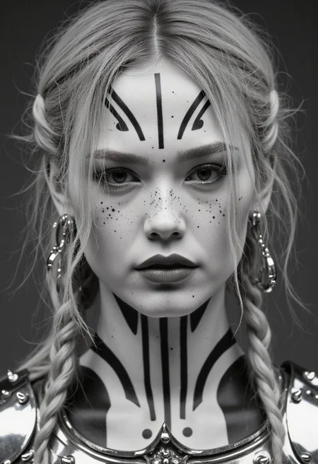 This is a high-resolution, black and white photograph of a european female Knight with an otherworldly, futuristic aesthetic. She has a light skin tone with a scattering of freckles across her face and a striking, tribal-inspired body paint or tattoo. The paint covers her face and neck, forming intricate geometric patterns and abstract designs, she IS wearing a silver polished spikey pauldron. Her hair is blonde and braided in a messy, loose style, with a few strands falling around her face. She wears large, circular ear gauges in her ears, which add to the edgy, avant-garde look. The background is a plain, gradient grey, ensuring all focus remains on her face and body art. The texture of the tattoos appears smooth and glossy, blending seamlessly with her skin. Her expression is neutral, with slightly downturned lips and a serene, almost detached demeanor, contributing to the overall eerie, alien-like atmosphere. The photograph is shot with high contrast and sharp focus, emphasizing the stark, geometric patterns.