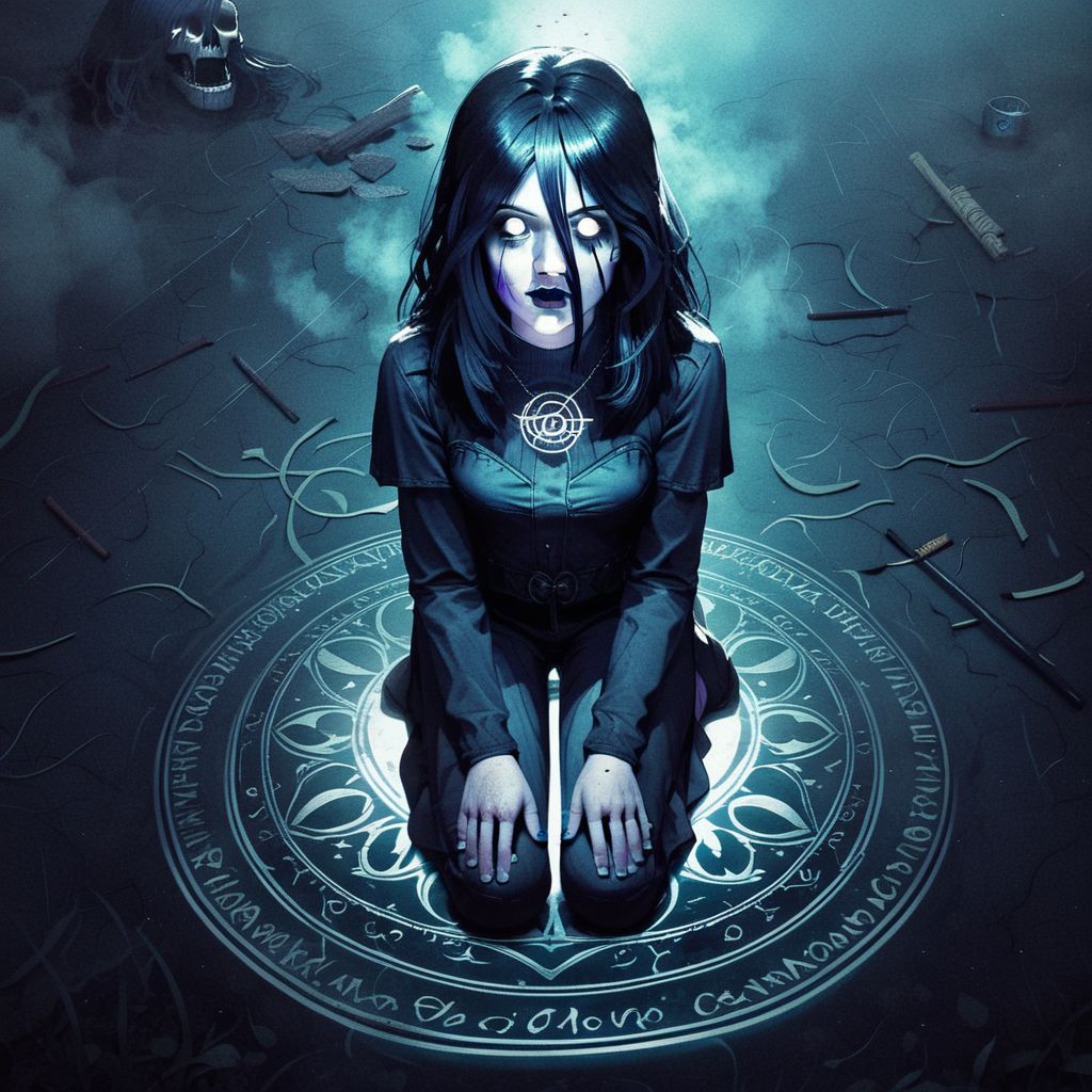 score_9, knva, 1girl, Sable Ward, on knees, chalk circle, performing a magic ritual, white eyes, possessed, horror, fog,
