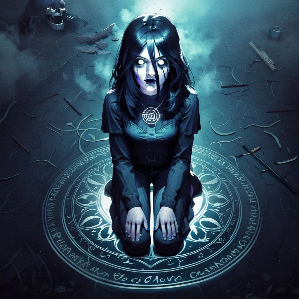score_9, knva, 1girl, Sable Ward, on knees, chalk circle, performing a magic ritual, white eyes, possessed, horror, fog,