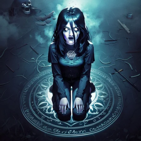 score_9, knva, 1girl, Sable Ward, on knees, chalk circle, performing a magic ritual, white eyes, possessed, horror, fog,