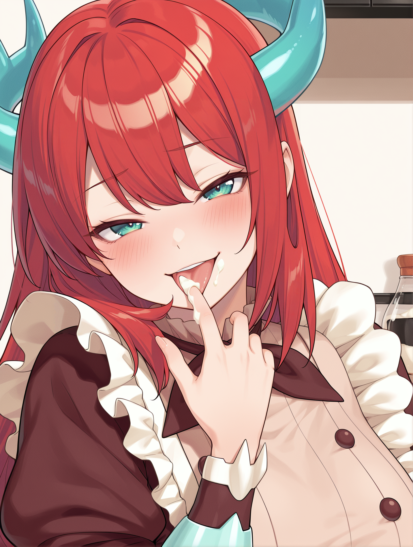 kitchen dragonmaid, 1girl, solo, blush, upper body, simple background, cream on finger, looking at viewer, tongue out, smile, brown maid clothes, open mouth,  licking finger,kitchen, smug
masterpiece,best quality,amazing quality,very aesthetic,absurdres,newest,<lora:kitchen dragonmaid illuXL v1.1:0.72>,