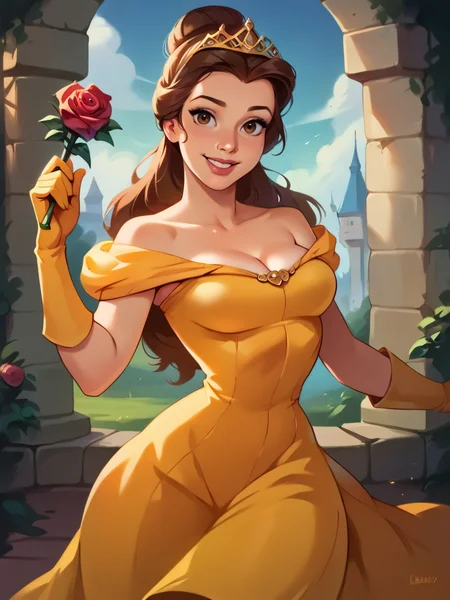 score_9, score_8_up, score_7_up, score_6_up, 1girl holding a rose in a castle, makeup, yellow dress, bare shoulders, cleavage, gloves, hair bun, long hair, tiara, curvy, medium breasts, narrow waist, wide hips, thick thighs, looking at viewer, dynamic angle, cowboy shot, cartoon, dynamic pose, smile, cute, wide shot, realistic,
<lora:BelleXLP_Character:1>BelleXLP