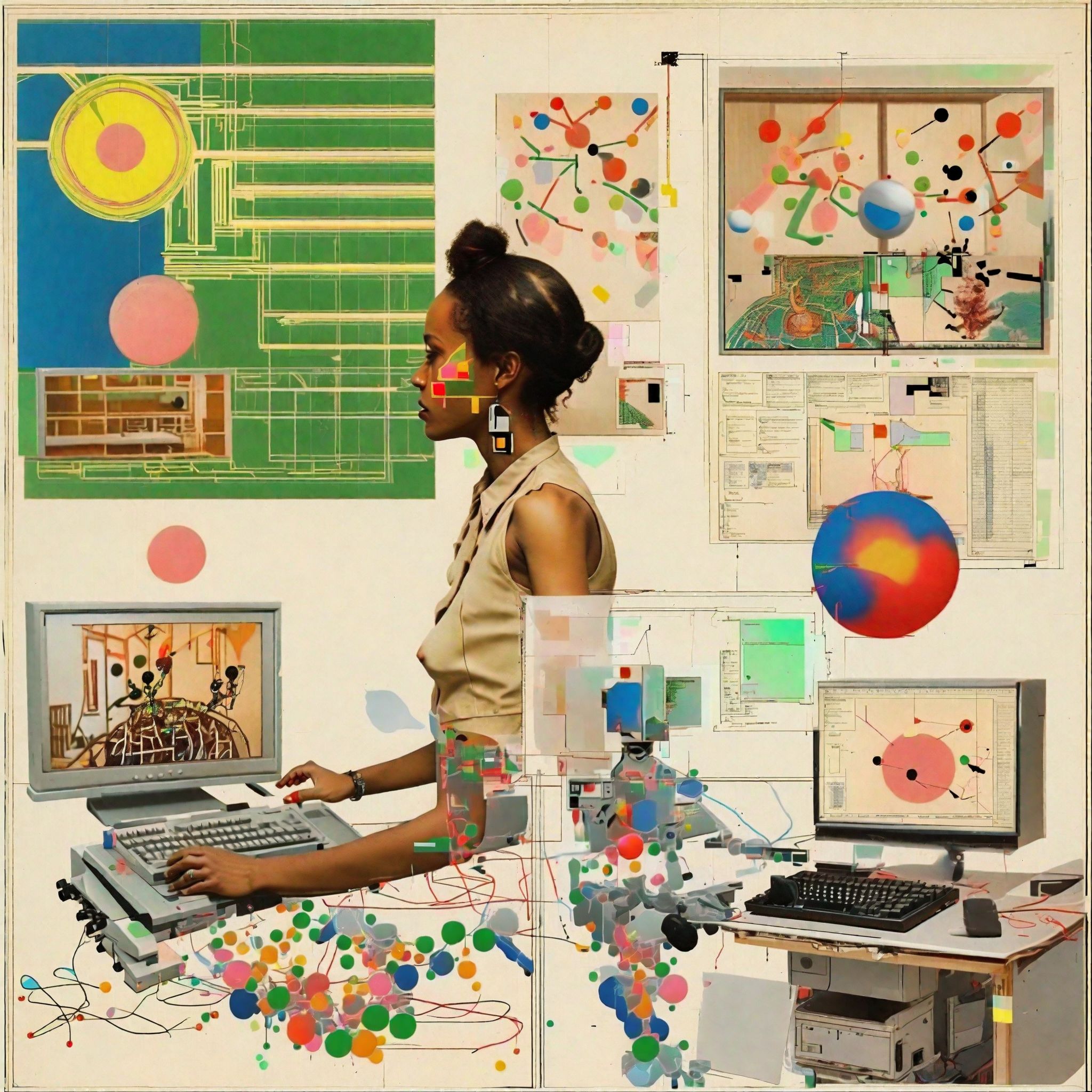 a photography of a afroamerican woman with a computer and robots in the laboratory, promptingchanges a abstract joan miro about sunset meme anime eyes a satelite diagram and wireframe, basketballcourt, art paint, unreal engine,  .<lora:prompting_changes:1>  <lora:SDXL_MSPaint_Portrait:0.88>