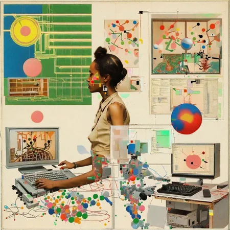 a photography of a afroamerican woman with a computer and robots in the laboratory, promptingchanges a abstract joan miro about sunset meme anime eyes a satelite diagram and wireframe, basketballcourt, art paint, unreal engine,  .<lora:prompting_changes:1>  <lora:SDXL_MSPaint_Portrait:0.88>