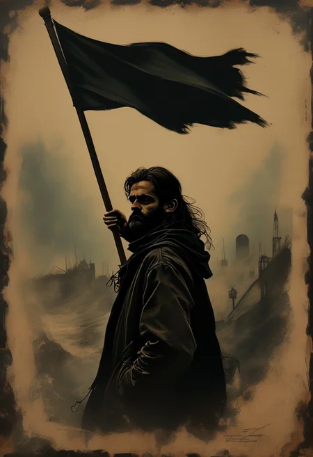portrait of a male anarchist on a progaganda poster. long dark hair. he looks determined and is waving a black flag