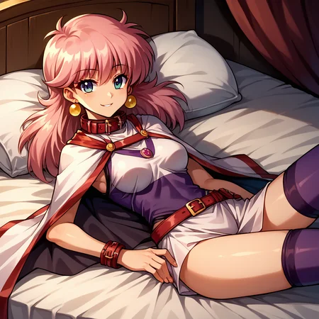 score_9, score_8_up, score_7_up, score_6_up, BREAK source_anime,Absurdres, 1girl, solo, bedroom, lying sideways, hand on hip, smile, KRSillPlain, cape, collar, earrings, purple thighhighs, <lora:KRSillPlain_SDXL-000005:1>