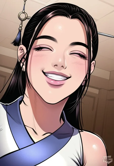 detailed face, detailed eyes, high resolution, intricate design, sharp edges, smooth, high detailed, god level, good proportions, detailed fingers, ( best quality, ultra-detailed), (anime style, manhwa style:1.2)
...
(Tang hwaryeon, 1girl, brown eyes, long hair, black hair, hair ornament, martial arts clothes, huge thighs)
...
looking at viewer, standing, front view, close up, selfie, smile, teeth, closed eyes, thighs up
...
score_10, score_9, score_8, 1girl, solo, alone, cinematic, sketch 
...
indoors
