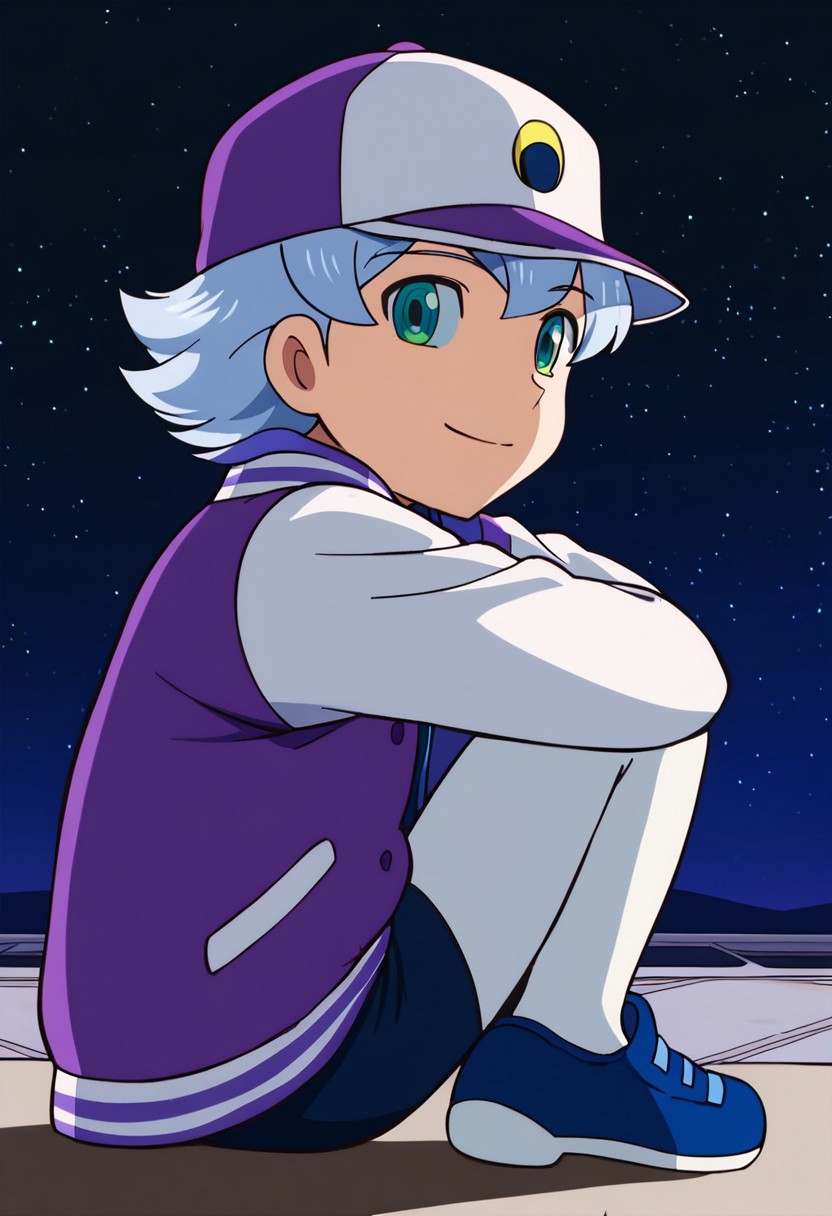score_9,score_8_up,score_7_up,source_anime,1boy,solo,Luca,Blue hair,aqua eyes,purple jacket,letterman jacket,open jacket,blue shirt,baseball cap,
Blue shorts, smile,standing, star, night, sky, looking_at_viewer,space, sitting, Blue shoes,white pantyhose from side, close-up<lora:EMS-438113-EMS:1.000000>
