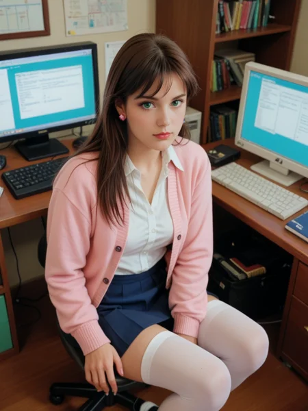 score_9, score_8_up, score_7_up, realistic, from above, background is retro dorm room, typing on computer, retro computer, <lora:Mia_Koji-000008:.55>, miakoji, mia, cardigan, (pastels), skirt, white stockings, loafers, ronin warriors, solo, 1girl, retro, brown hair, 1980s (style), earrings, long hair, green eyes, makeup