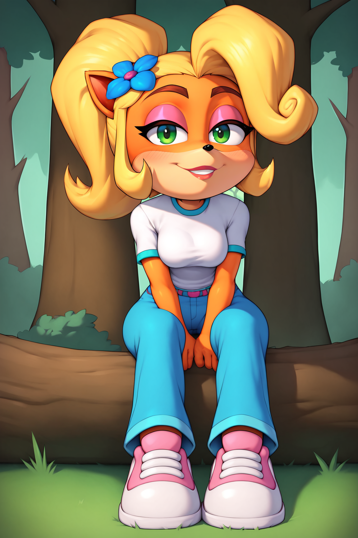 score_9, score_8_up, score_7_up, score_6_up, BREAK, CocoBandicootCNKPXL, anthro furry, furry female, body fur, orange fur, green eyes, blonde hair, short hair, ponytail, huge ahoge, hair flower, animal ears, medium breasts, white shirt, short sleeves, blue pants, pink shoes, solo, full body, sitting, ((bellow view)), seductive smile, looking at viewer, naughty face, nose blush, forest, tree <lora:CocoBandicootCNKPXL:1>