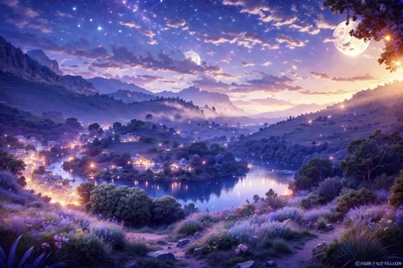 <lora:FantasyForest:1>, FanFo, blue pink forest, starry sky, small river, cute fairy , night:1.1, soft light, flowers, tress , rock, high mountain, valley , cloud, wide view, eagle eye view,
(masterpiece:1.2), (best quality,:1.2), 8k, HDR, ultra detailed, ((photorealistic)), professional light, cinematic lighting, fashion photography, ambient lighting, fantasy,
 <lora:Night scene_20230715120543:0.65>, cozy , full moon ,
