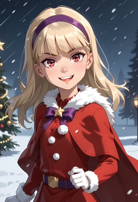 score_7, score_7_up, score_9, score_9_up, BREAK, DC_Justice, 1girl, blond hair, red eyes, purple hairband, , smug smile, arched back, cowboy shot, solo, , (portrai shot, upper body), happy, looking at viewer, upper teeth, looking at viewer, christmas, fur trim, red capelet, red dress, fur-trimmed dress, long sleeves, white gloves, snowing, outdoors,child
