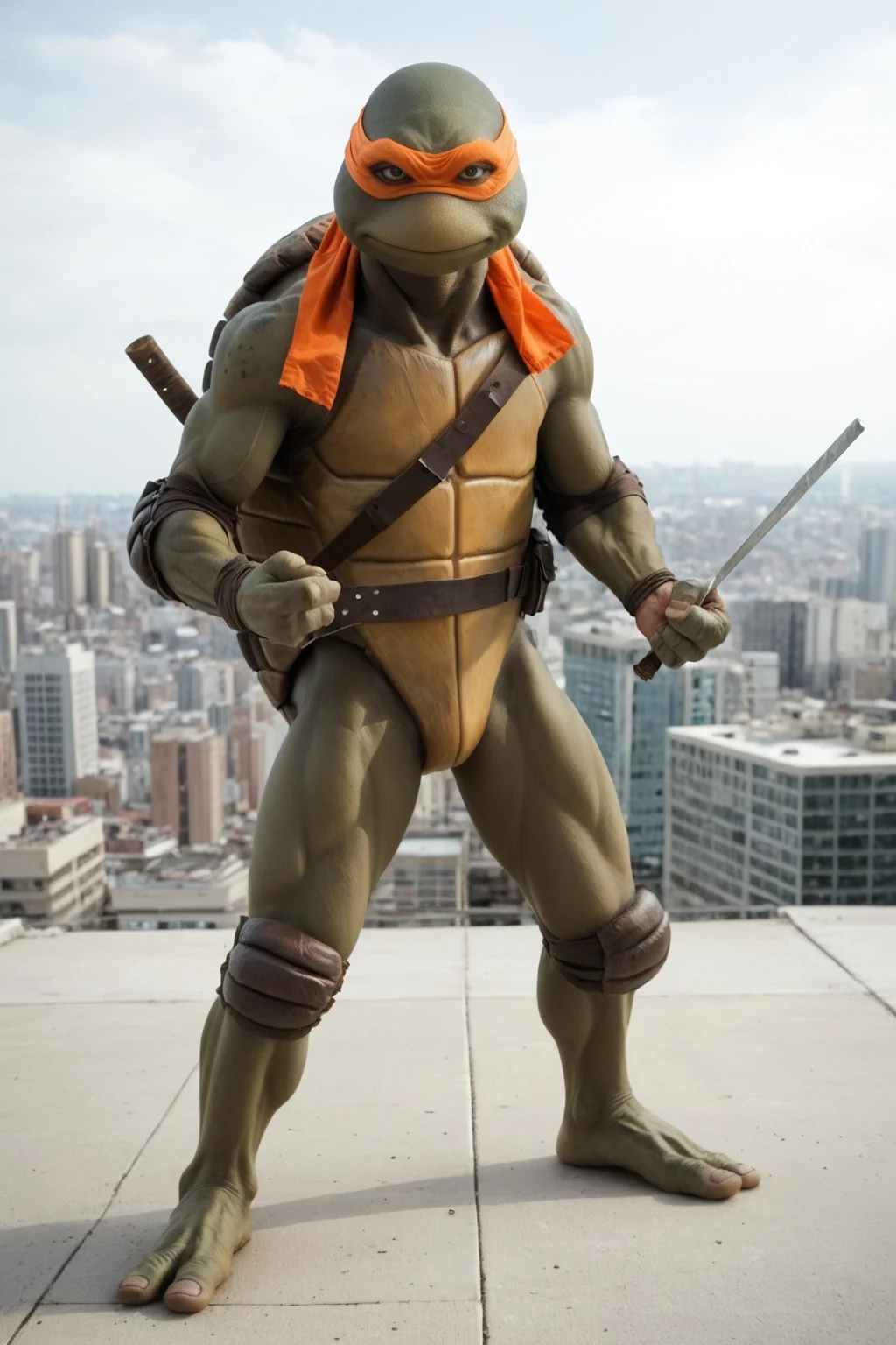 score_9, score_8_up, score_7_up, rating_safe, masterpiece, high quality, ((realistic, source_IRL)), BREAK, full body shot, fight stance, TMNTMichelangelo, a teenage mutant ninja turtle, wearing orange bandana mask with eye-holes, standing on a city rooftop during the day, skyscrapers and rooftops and day sky in the background, <lora:TMNT_AIO_Pony:1>