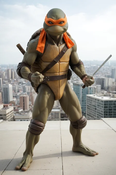 score_9, score_8_up, score_7_up, rating_safe, masterpiece, high quality, ((realistic, source_IRL)), BREAK, full body shot, fight stance, TMNTMichelangelo, a teenage mutant ninja turtle, wearing orange bandana mask with eye-holes, standing on a city rooftop during the day, skyscrapers and rooftops and day sky in the background, <lora:TMNT_AIO_Pony:1>