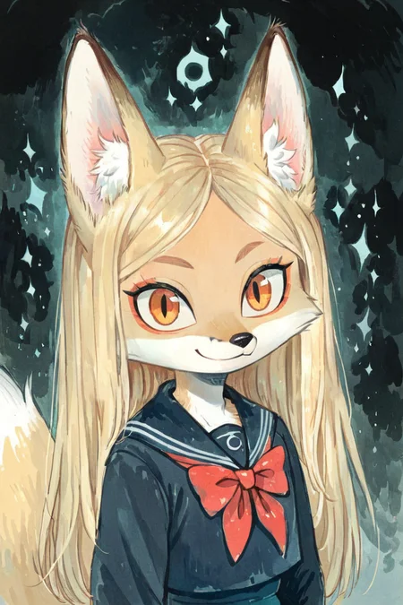 (anthro fox girl:1.4),(blonde hair:1.2),(solo:1.5),ameli,smile,aline
deep dark night classroom,school uniform,close-up, looking at viewer
<lora:Perfect Hands:1> <lora:age_slider_v4:-2> <lora:Ameli:0.85>, score_9, score_8_up, score_7_up, score_6_up, score_5_up, score_4_up,zPDXL
