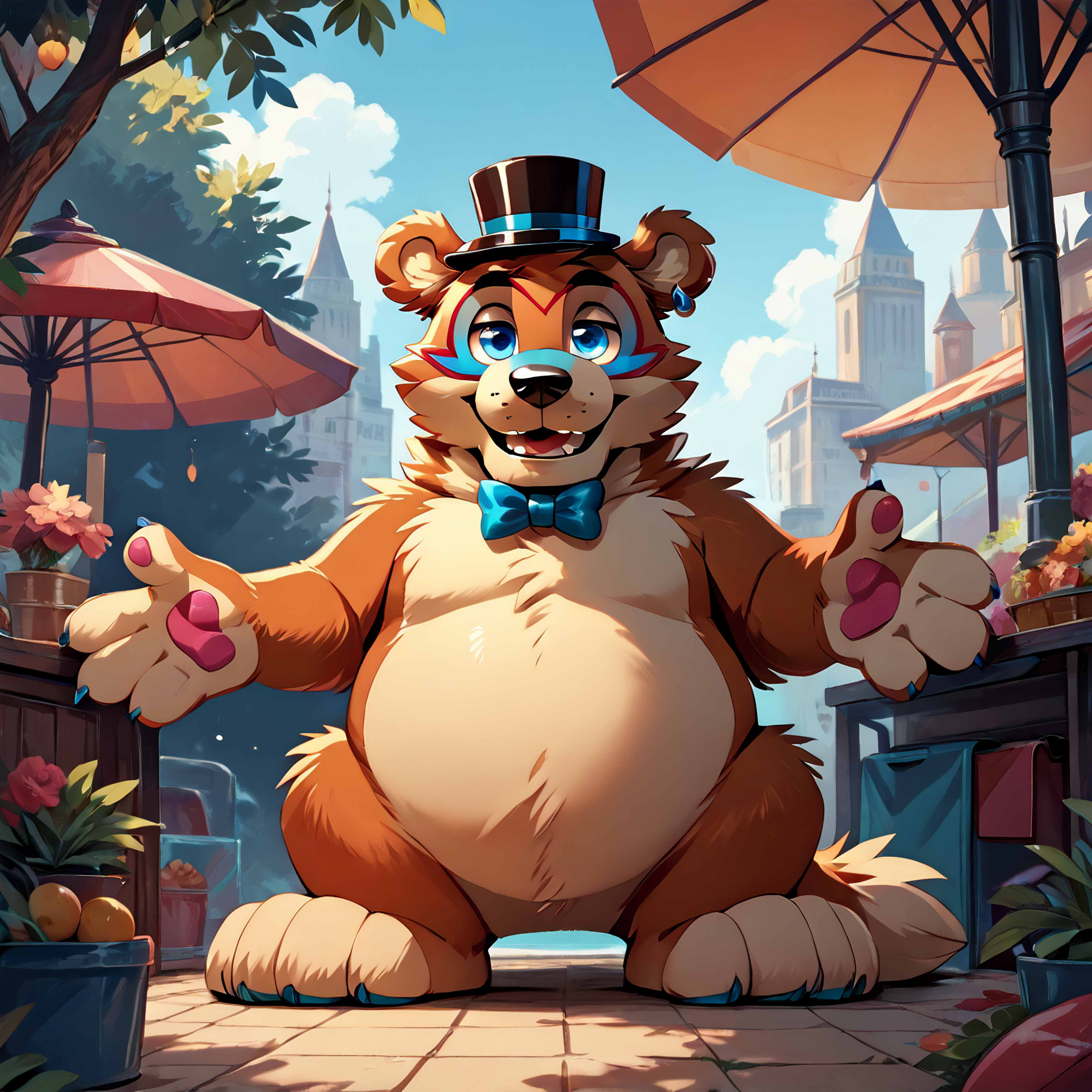 <lora:bigfreddy_ponyxl-10:1>  score_9_up, score_8_up, score_7_up, source_cartoon, best quality, masterpiece, outsude, park, park background, (bigfreddy), bear ears, solo, (looking at viewer), perfect body,  (perfect anatomy),  fluffy paws, (fluffy paws), detailed ears, detailed hands, detailed body, perfect body, (detailed hands),  zPDXL3, detailed hat,  male focus,  nice background, (flat chest), fluffy head:0.8, looking at viewer
 <lora:zy_Detailed_Backgrounds_v1:1.0>  <lora:HandFixer_pdxl_Incrs_v1:0.5>