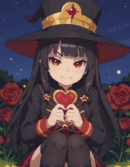 score_9_up, score_9, score_8_up, score_7_up, rating_explicit, bokeh, flat colors, lineless, vector art, vector graphics, z0nkp4nch, cute, 1girl, alone, solo, portrait, narrowed eye, big smile, pov, handing out heart, holding heart, flower field, roses, starry night, Sekai Seifuku, Sekai Seifuku: World Conquest Zvezda, Long black hair, Red eyes, Hime cut, Pale skin, Red military uniform, Black thigh-high socks, Black boots, Gold emblem on hat, Dominatrix-style outfit, Crown, See Description "Triggers and CLothes Prompts"