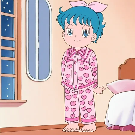 source_anime, 1girl, solo, mikikonoha, blue hair, blue eyes, blue hair ponytail, pink bow on hair, pink pajama shirt, pink long pants, barefoot, looking at viewer, smile, closed mouth, half-closed eyes, standing, hands behind back, bedroom, window, night, indoors