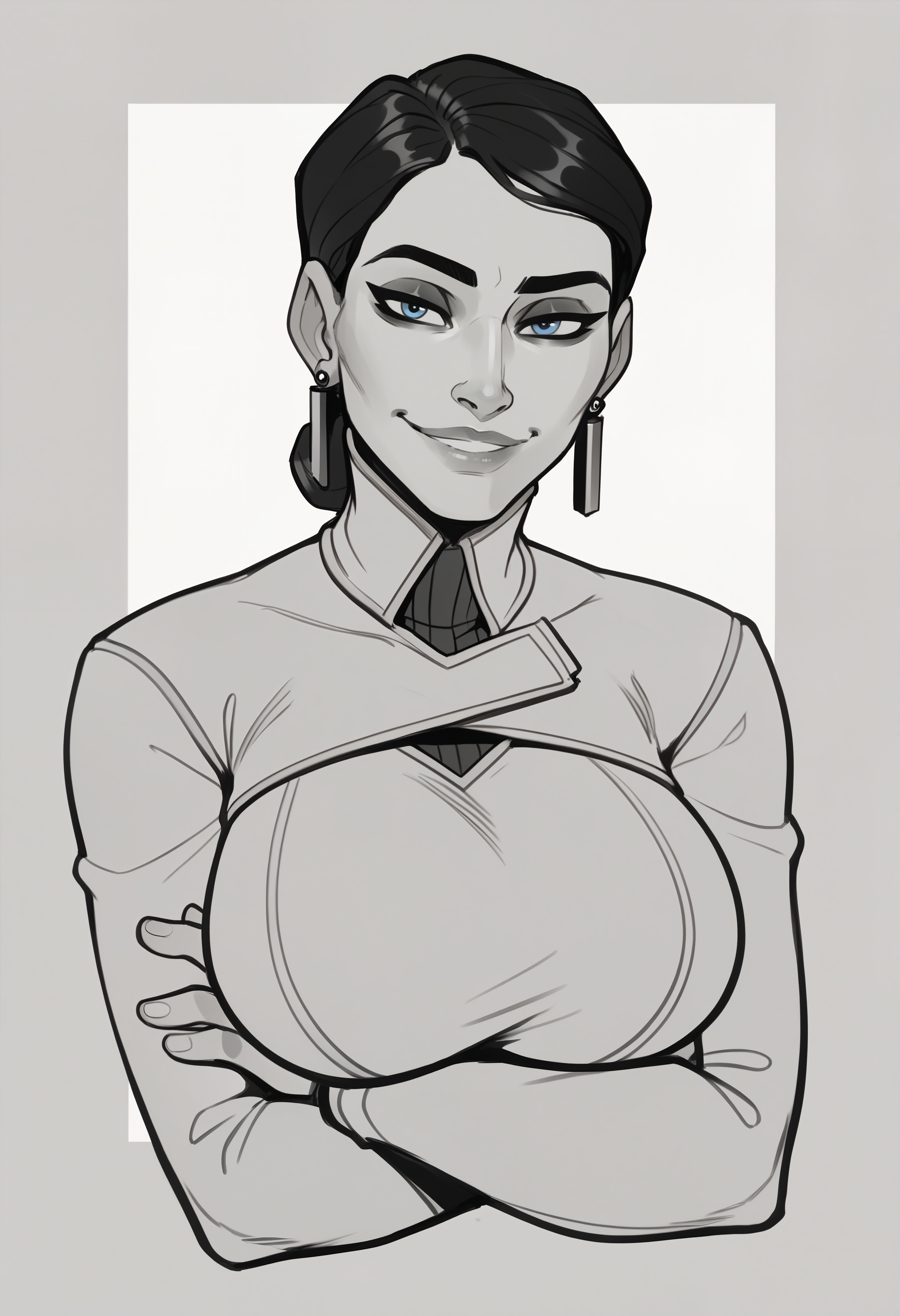 score_9, score_8_up, score_7_up, score_6_up, 1girl, <lora:volskayaOW-ponyxl-beta3-10:1>, mature female, single hair bun, earrings, makeup, seductive smile, parted lips, smirk, white clothes, upper body, portrait, outside border, turtleneck, huge breasts, crossed arms, arms under breasts, bent over, presenting,  <lora:Lineart_sketch_v1_USENEG:-0.8> lineart, sketch, monochrome, <lora:incase_style_v4:0.4>, black hair, blue eyes, simple background, doodles, sketchbook,
