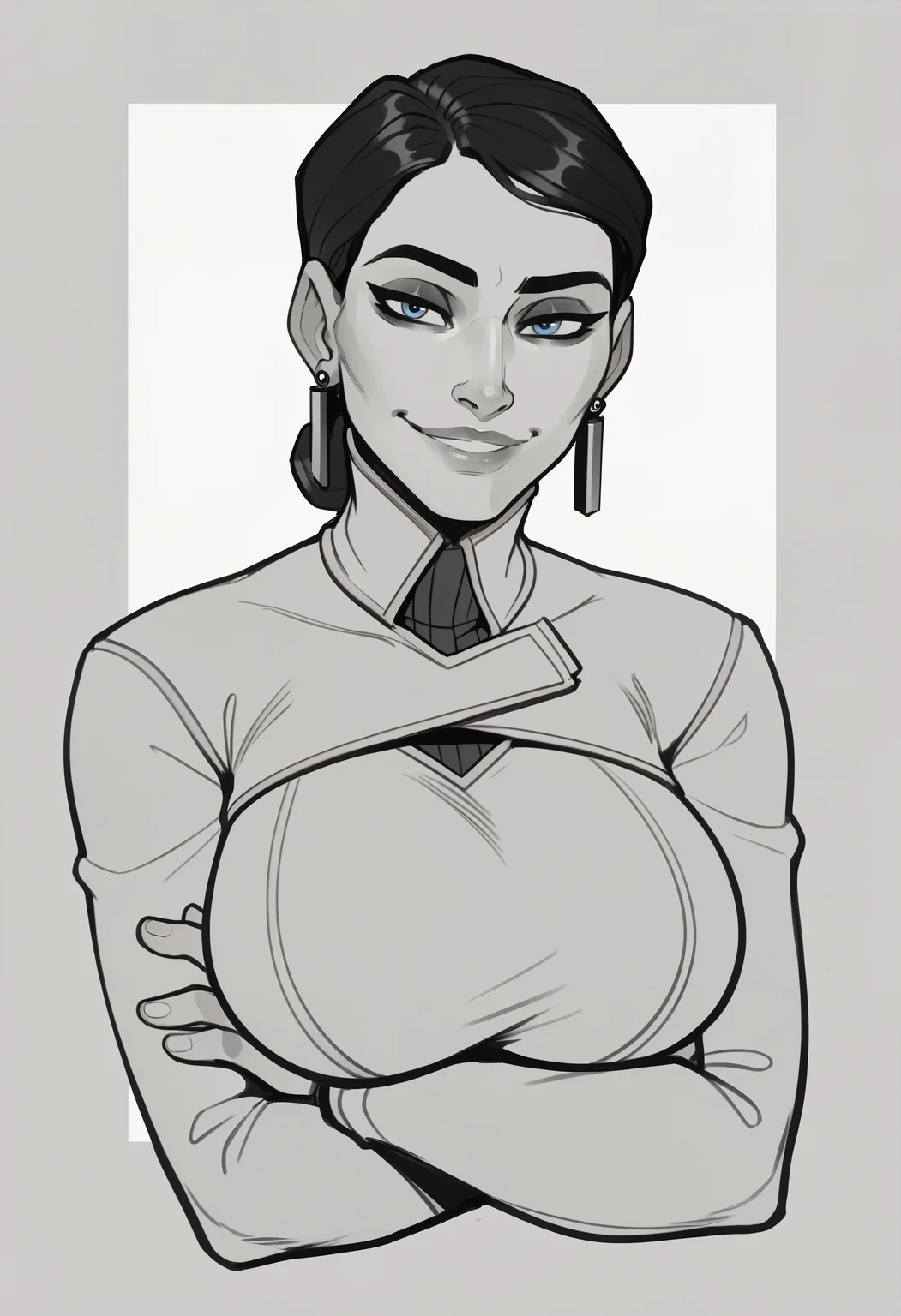 score_9, score_8_up, score_7_up, score_6_up, 1girl, <lora:volskayaOW-ponyxl-beta3-10:1>, mature female, single hair bun, earrings, makeup, seductive smile, parted lips, smirk, white clothes, upper body, portrait, outside border, turtleneck, huge breasts, crossed arms, arms under breasts, bent over, presenting,  <lora:Lineart_sketch_v1_USENEG:-0.8> lineart, sketch, monochrome, <lora:incase_style_v4:0.4>, black hair, blue eyes, simple background, doodles, sketchbook,