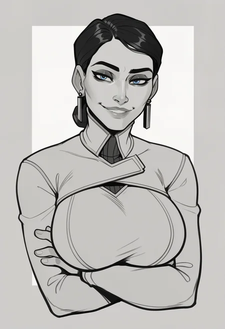 score_9, score_8_up, score_7_up, score_6_up, 1girl, <lora:volskayaOW-ponyxl-beta3-10:1>, mature female, single hair bun, earrings, makeup, seductive smile, parted lips, smirk, white clothes, upper body, portrait, outside border, turtleneck, huge breasts, crossed arms, arms under breasts, bent over, presenting, <lora:Lineart_sketch_v1_USENEG:-0.8> lineart, sketch, monochrome, <lora:incase_style_v4:0.4>, black hair, blue eyes, simple background, doodles, sketchbook,