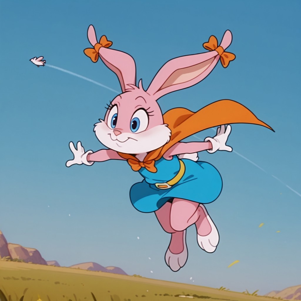 masterpiece, best quality, amazing quality, babsttail, anthro, female, rabbit, pink fur, blue eyes, blue dress, orange cape, orange bows, yellow belt, white gloves, flying, sky