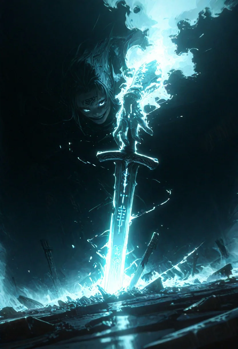 dynamic angle, unusual angle, dynamic, dynamic composition, single sword, runic engraving, runes, sould of the damned, broken sword, broken, damaged
In the dim, flickering light, a sinister shadowy figure emerges, its presence cloaked in an air of mystery. (Looking at the viewer with sinister smile:1.3) Slowly, it reaches out toward the hilt of the shattered runic sword, its movements deliberate yet hesitant. The ancient engravings on the hilt begin to pulse faintly, glowing like a dying ember, their light casting eerie shadows across the figure’s outstretched hand. The closer it gets, the air grows colder, heavy with an otherworldly presence. From the jagged break in the blade, spectral wisps begin to unfurl, curling and twisting like smoke, their forms coalescing into ghostly faces etched with agony. Whispers fill the air—soft at first, but rising into a cacophony of tormented wails. The figure’s hand trembles as its fingers hover just above the hilt, as though sensing the weight of the cursed power it is about to claim. Finally, with a sharp intake of breath, the hand closes around the sword. The runes ignite with a blinding light, and the escaping souls recoil, writhing in both fear and fury.