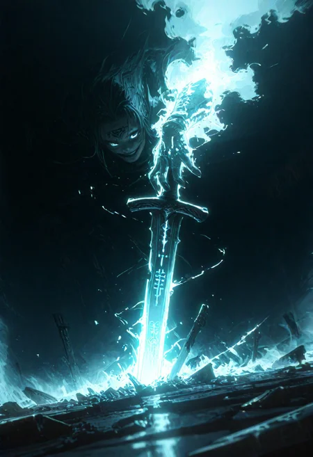 dynamic angle, unusual angle, dynamic, dynamic composition, single sword, runic engraving, runes, sould of the damned, broken sword, broken, damaged
In the dim, flickering light, a sinister shadowy figure emerges, its presence cloaked in an air of mystery. (Looking at the viewer with sinister smile:1.3) Slowly, it reaches out toward the hilt of the shattered runic sword, its movements deliberate yet hesitant. The ancient engravings on the hilt begin to pulse faintly, glowing like a dying ember, their light casting eerie shadows across the figure’s outstretched hand. The closer it gets, the air grows colder, heavy with an otherworldly presence. From the jagged break in the blade, spectral wisps begin to unfurl, curling and twisting like smoke, their forms coalescing into ghostly faces etched with agony. Whispers fill the air—soft at first, but rising into a cacophony of tormented wails. The figure’s hand trembles as its fingers hover just above the hilt, as though sensing the weight of the cursed power it is about to claim. Finally, with a sharp intake of breath, the hand closes around the sword. The runes ignite with a blinding light, and the escaping souls recoil, writhing in both fear and fury.